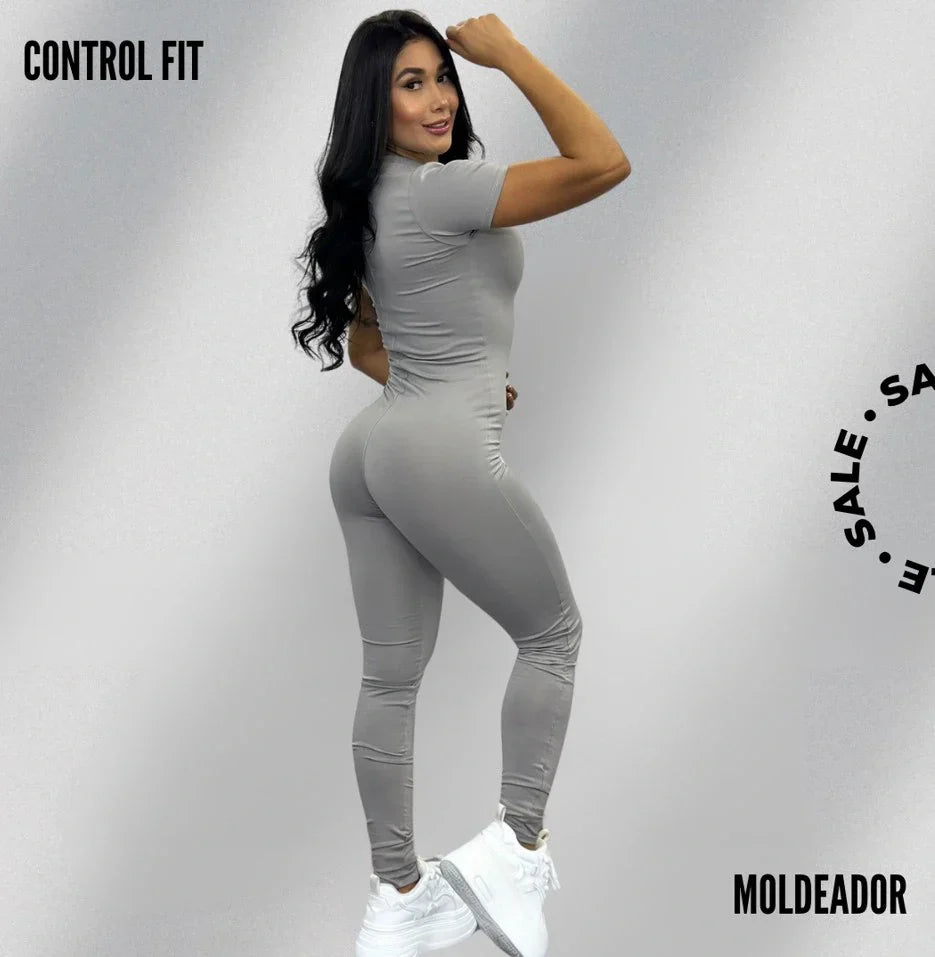 Enterizo Control Fit - Manga Corta con Cierre en Gris.