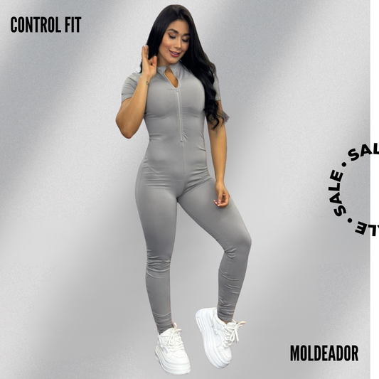 Enterizo Control Fit - Manga Corta con Cierre en Gris.