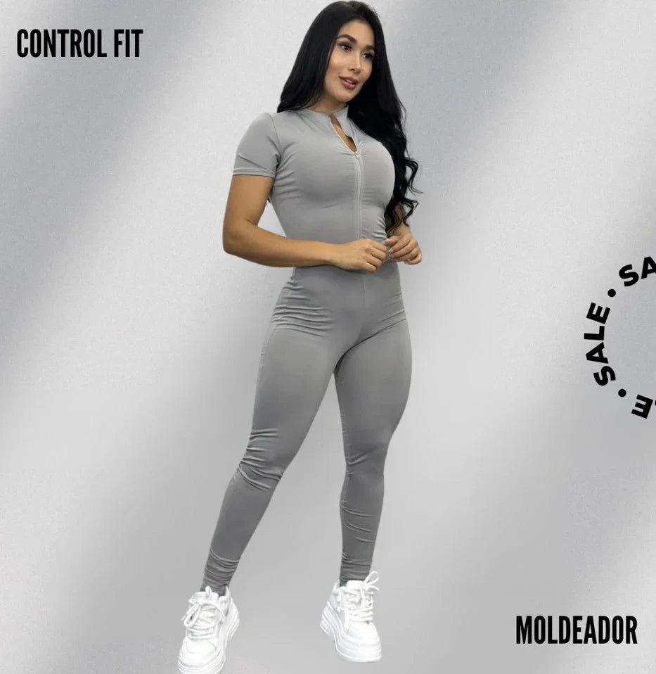 Enterizo Control Fit - Manga Corta con Cierre en Gris.